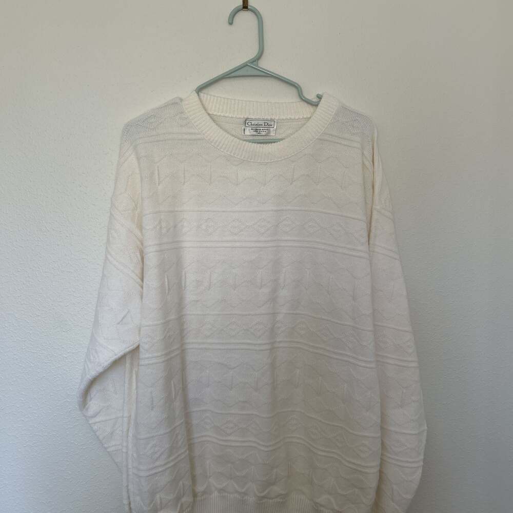 Vintage Christian Dior Orlon Acrylic Mens Cream Knit Sweater